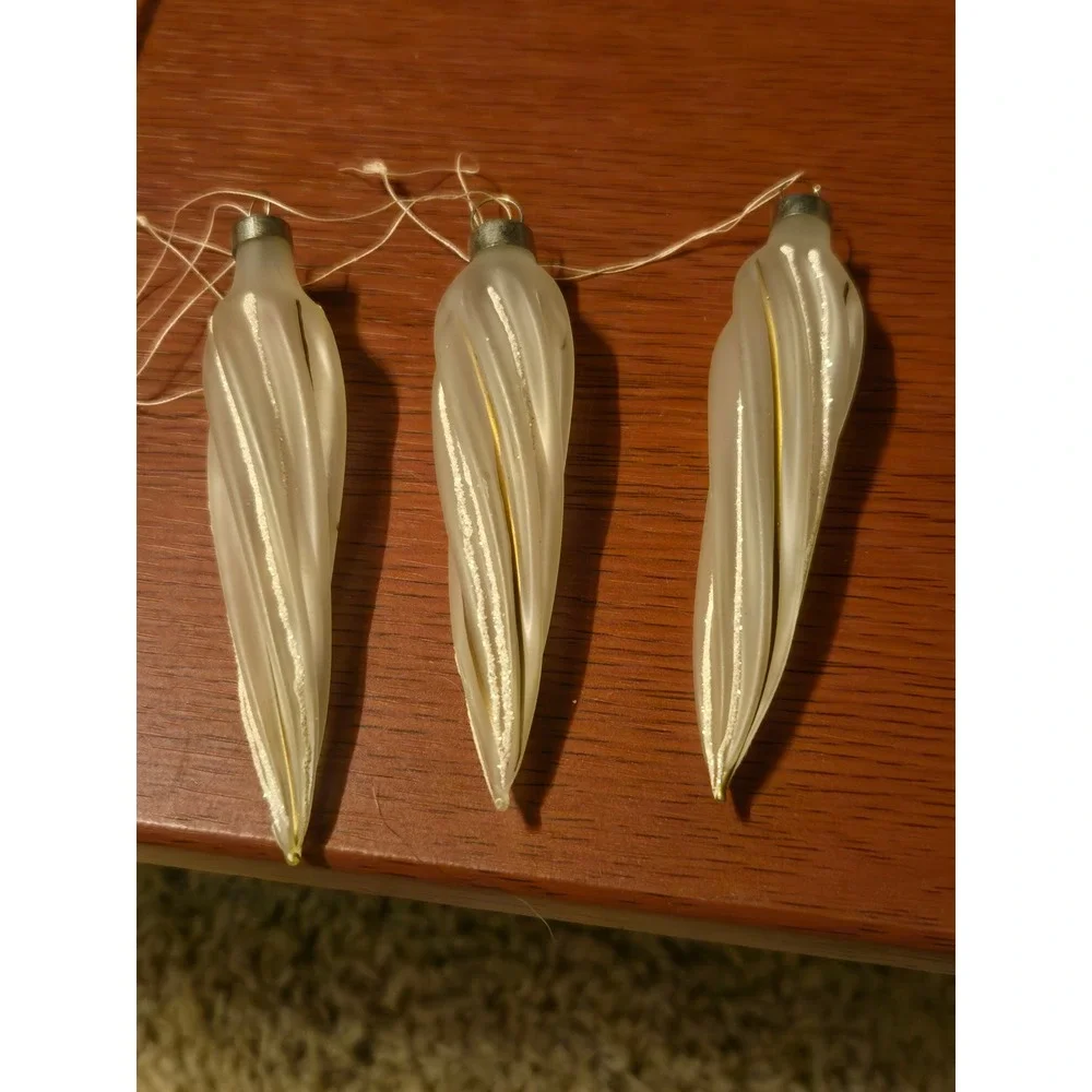 Vintage Style Frosted Glass Icicle‎ Ornaments White Gold Glitter Finial Set of 3